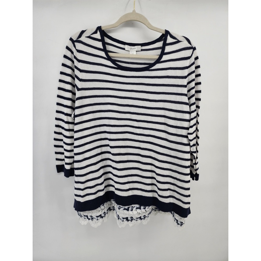 CJ Banks Womens 1X Navy Blue White Striped Lace Trim Knit Top 3/4 Sleeve Sweater
